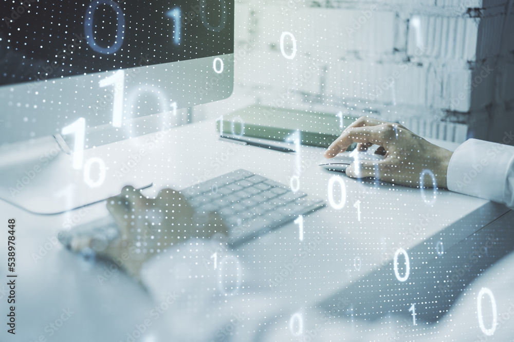 Leinwandbilder double exposure of creative abstract binary code hologram and hands typing on laptop on background. 