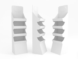White, blank advertising stands, display racks, isolated. Packshot photo for package design, illustration 3D, render.
