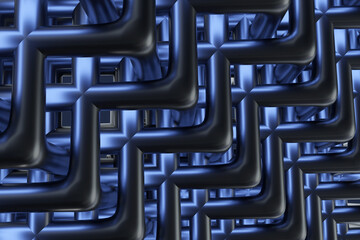 Background with pipes. Endless pipes intertwined. Pipes are bent at detailed angle. Concept of engineering communications. Background with corpses with autumn glow. Endless pipeline. 3d rendering. - obrazy, fototapety, plakaty
