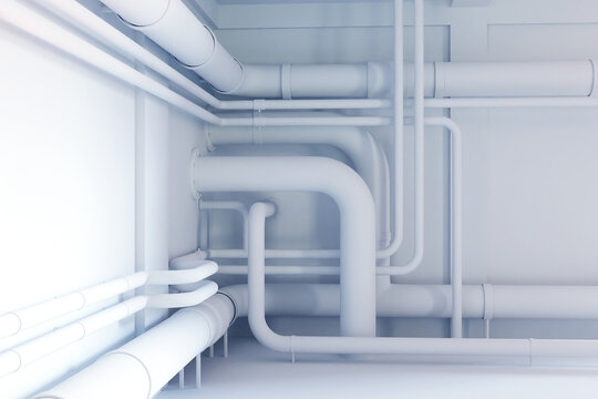 Boiler room. Interior with pipes. White walls with pipeline. Piping in boiler room or in basement. Pipes for building heating. Basement interior renderings. Boiler room service concept. 3d image.