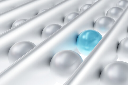 Business idea. Turquoise ball among whites. Concept unique business idea. Detachment from competitors in business. Lattice with bubbles. Unique difference from others. Abstract background. 3d image
