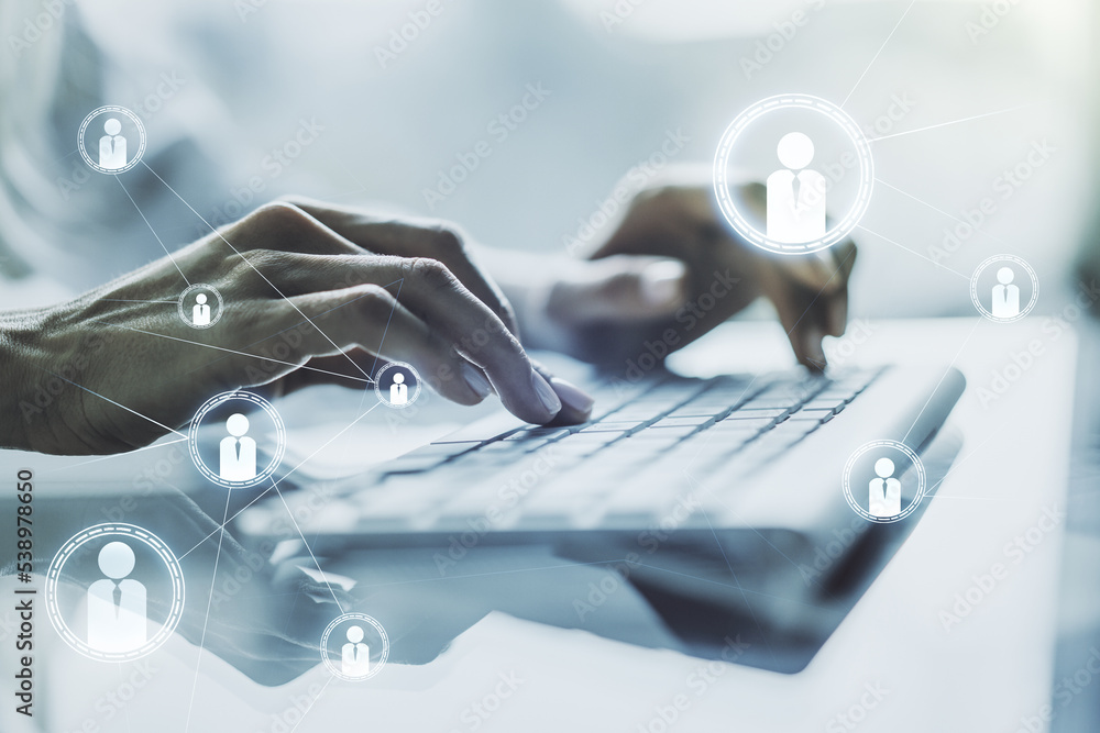 Aufkleber social network media concept with hands typing on computer keyboard on background. double exposure