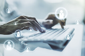 Social network media concept with hands typing on computer keyboard on background. Double exposure