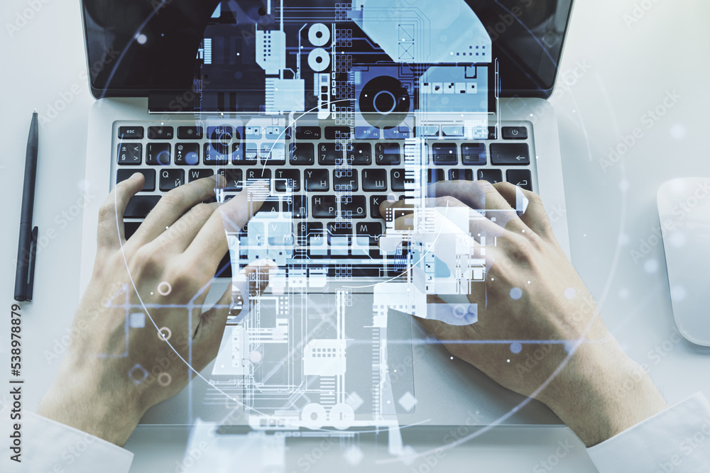 Poster double exposure of creative artificial intelligence symbol with hands typing on laptop on background