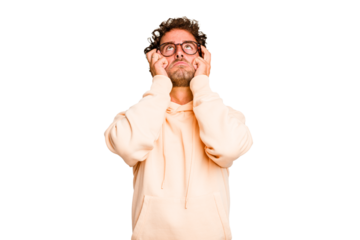 Young caucasian curly hair man isolated Young caucasian man with curly hair isolated whining and crying disconsolately.