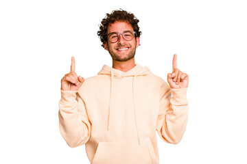 Young caucasian curly hair man isolated Young caucasian man with curly hair isolated indicates with...