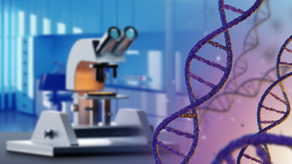 Genetic laboratory. Strands of DNA close-up. Concept DNA helix modification. Study of RNA genetic under microscope. Concept of providing genetic laboratory services. Art blurred. 3d rendering.
