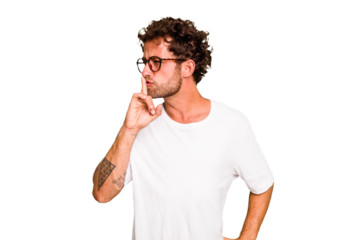 Young caucasian curly hair man isolated Young caucasian man with curly hair isolated keeping a secret or asking for silence.