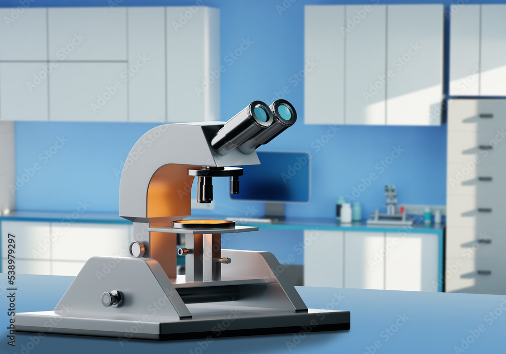 Poster doctors microscope. microscope on table clinical laboratory. microscope for examination analysis of 