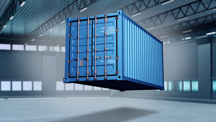 Obraz premium Sea container. Blue cargo container. Tare for sea transportation is hanging in air. Closed twenty foot container. Sea export and import concept. Warehouse business metaphor. Art blurred. 3d image.