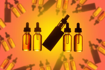 Vape gadgets. Oil or juice to refill vape pen. Vaping devices. Background for advertising shop for...
