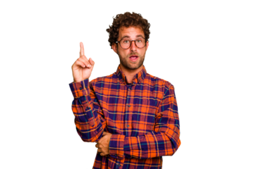 Young caucasian curly hair man isolated Young caucasian man with curly hair isolated having an idea, inspiration concept.