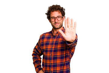 Young caucasian curly hair man isolated Young caucasian man with curly hair isolated smiling cheerful showing number five with fingers.