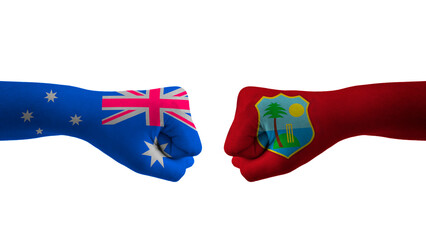 Australia vs West indies hand flag Man hands patterned with the Australia vs West indies flag