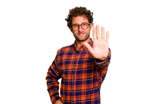 Young caucasian curly hair man isolated Young caucasian man with curly hair isolated smiling cheerful showing number five with fingers.