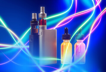 Modern vape devices. Electronic gadgets for smoking. Vape devices with oil. Vaping kit with neon...