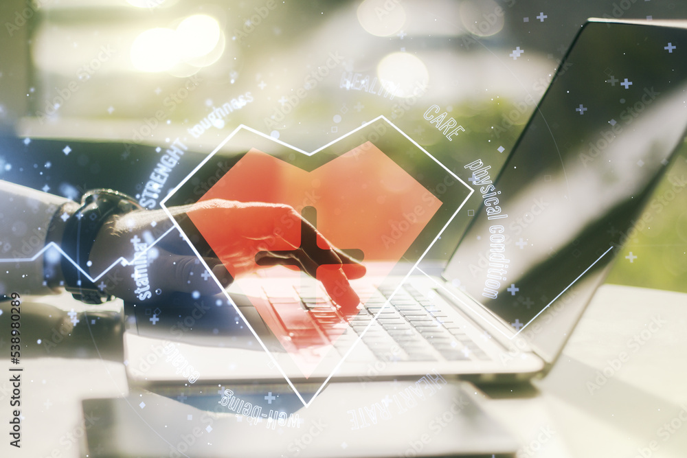 Poster creative abstract heart pulse hologram and hands typing on computer keyboard on background, online m