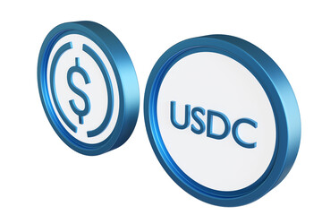 USDC Trading. USD stablecoin. USDC coins isolated on white. Trading digital dollar. Concept of exchanging fiat to dollars for digital. USDC icon. Stable Cryptocurrency. 3d rendering.