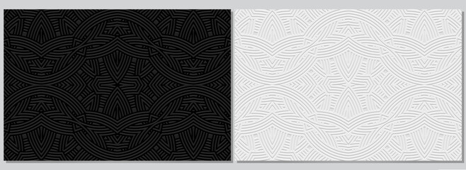 Black and white banners, cover design set, vector templates. Geometric volumetric convex 3D pattern. Tribal unique ornamental ethnos of the East, Asia, India, Mexico, Aztecs, Peru.