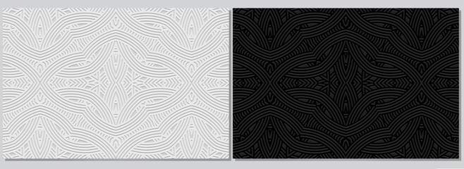 Black and white banners, cover design set, vector templates. Geometric volumetric convex 3D pattern. Tribal artistic ornamental ethnos of the East, Asia, India, Mexico, Aztecs, Peru.