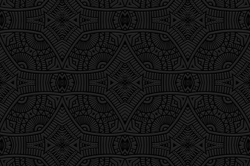 Embossed black background, ethnic cover design. Press paper, boho style with handmade elements. Tribal geometric decorative 3d pattern of East, Asia, India, Mexico, Aztec, Peru.