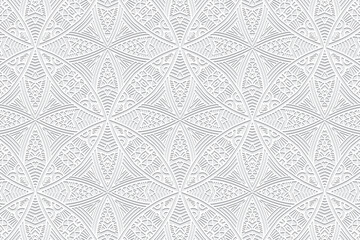 Embossed white background, ethnic cover design. Press paper, boho style with handmade elements. Tribal geometric abstract 3d pattern of East, Asia, India, Mexico, Aztec, Peru.
