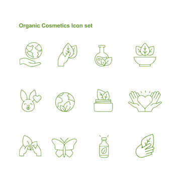 Organic cosmetics icon. Eco friendly cruelty free line badges for beauty products and vegan food. No animal tested, natural icons vector set. For sensitive skin, ethically sourced collection