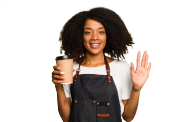 Young african american woman barista holding a takeaway coffee smiling cheerful showing number five with fingers.