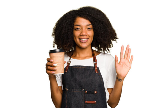 Young african american woman barista holding a takeaway coffee smiling cheerful showing number five with fingers.