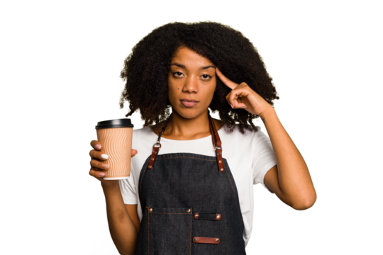 Young african american woman barista holding a takeaway coffee pointing temple with finger, thinking, focused on a task.