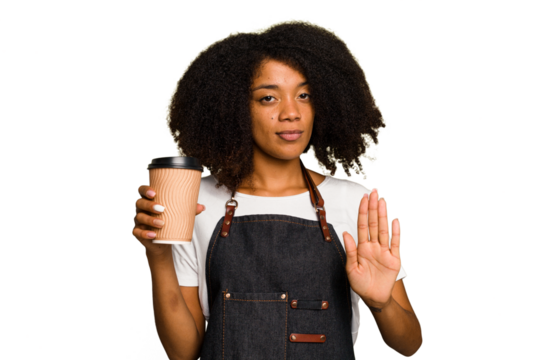 Young african american woman barista holding a takeaway coffee standing with outstretched hand showing stop sign, preventing you. - Powered by Adobe