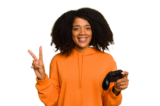 Young African American woman holding a game controller isolated showing number two with fingers.