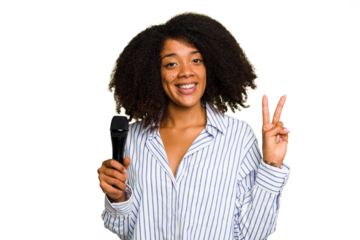 Young African American singer woman holding a microphone isolated showing number two with fingers.
