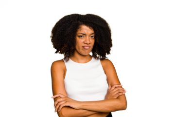 Young African American woman isolated unhappy looking in camera with sarcastic expression.