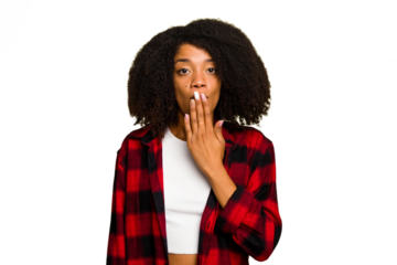 Young African American woman isolated shocked, covering mouth with hands, anxious to discover something new.