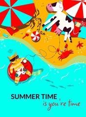 postcard summer time - it's your time. A happy cat is resting on an inflatable ring and drinking a milkshake right from under the cow.