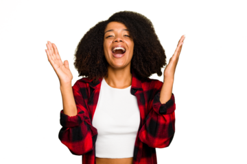 Young African American woman isolated laughs out loudly keeping hand on chest.