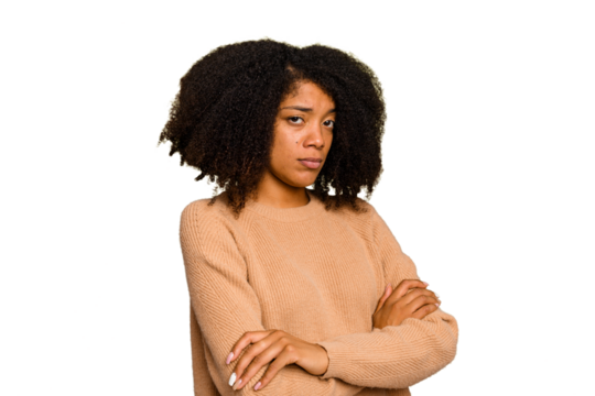 Young African American woman isolated unhappy looking in camera with sarcastic expression.