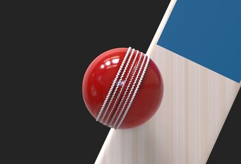 3D illustration Cricket bat red ball in black background
