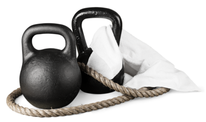 Kettle bells, rope and towel isolated on white