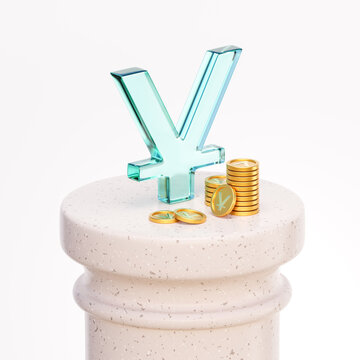 recommend clip art: Glass Chinese yuan sign with coins on a column for economics and finance. 3d illustration