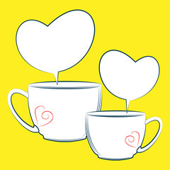 Two tea mugs with dialogue bubbles in form of hearts. Romantic chat between two lovers over cup of hot drink. Strong friendship or love begins with a conversation over a cup of fragrant tea