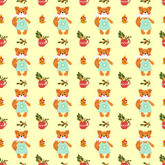 Pattern with cute foxes, mug with autumn leaves and berries. Stylized animals. For prints and clothing, kids room wallpaper, brochures and covers, packaging, flyers, fun gender parties.