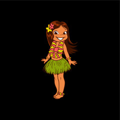Hawaiian girl isolated on black background. Cute polynesian dancer in costume, green grass skirt, hair wreath, hawaiian lei.