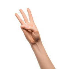 A woman's hand shows three fingers on a white background