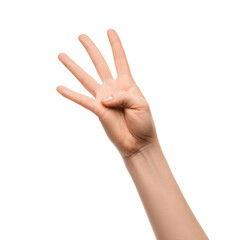 Fototapeta premium A woman's hand shows four fingers on a white background