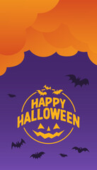 Happy Halloween logo, in vertical background for social media post. Clouds and bats, spooky elements.