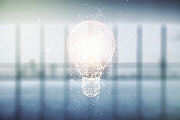 Virtual Idea concept with light bulb illustration on empty corporate office background. Multiexposure