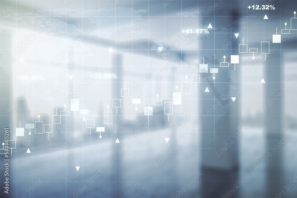 Poster multi exposure of virtual creative financial graph and world map on empty corporate office backgroun