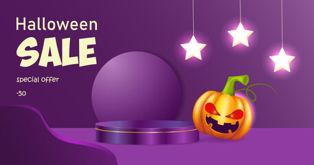 Abstract realistic 3D purple cylindrical pedestal on a purple background. Happy halloween minimal scene for product presentation. Halloween pumpkin with evil eyes. Glowing stars on the background. 